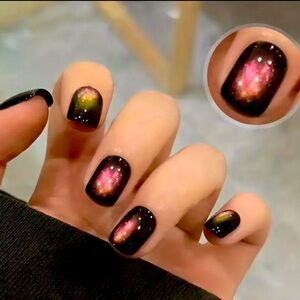 Short Square Rounded Cat Eye Magnetic Fake Press On Nails Kit